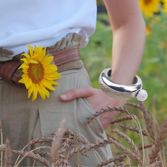 Silver Bangle Bracelet with Crystal Accent - Picture 6 of 9